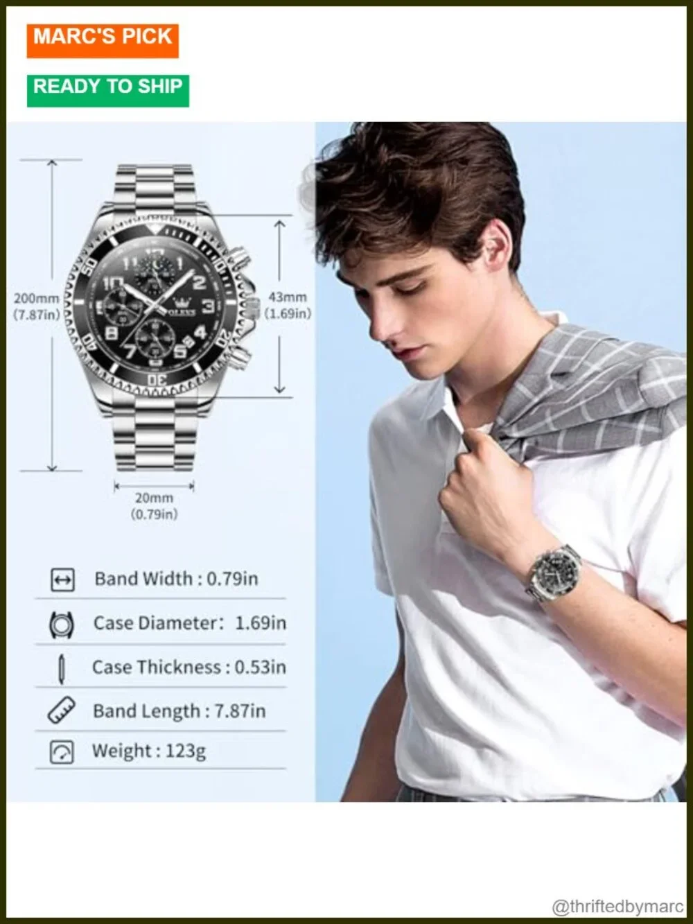 Stainless Steel Dress Watch with Date Big Face Chronograph Waterproof 43mm